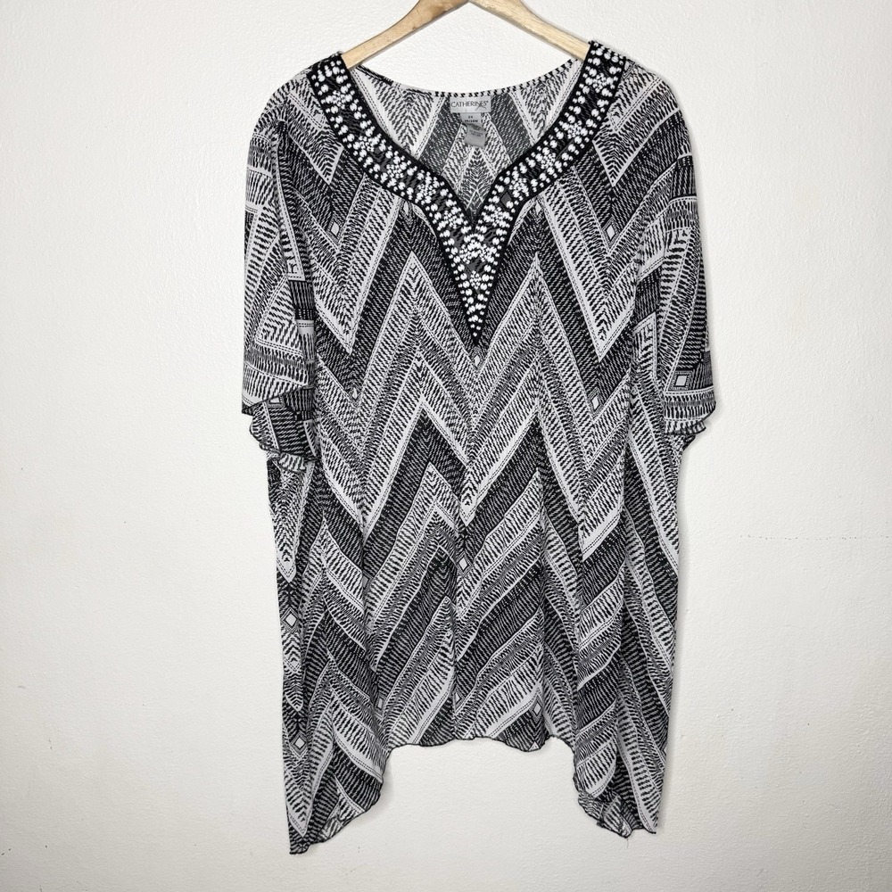 Catherines Black White Chevron Beaded Tunic Top Crinkle Women's 3X 26/28W